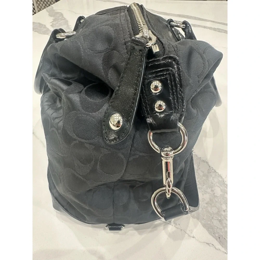 Coach Black Signature Jacquard Satchel Shoulder Crossbody Bag Patent Leather EUC